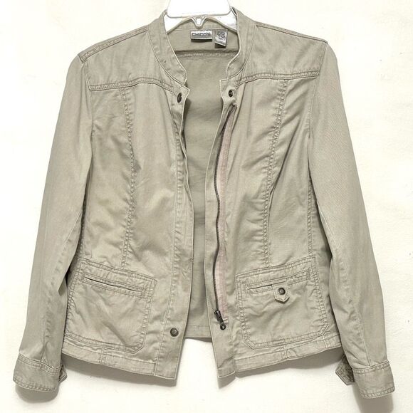 Chico’s Cream Tan Kaki Jean Denim Zip Jacket  Size 1 - Picture 1 of 6